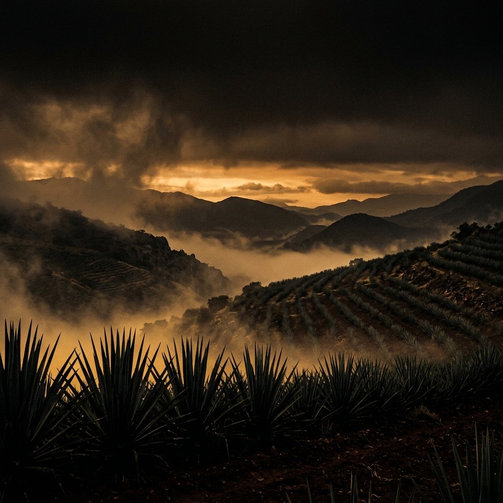 Misty highland landscape of Rancho El Bellotero at 1985 meters, agave fields emerging through morning fog in the highlands of Arandas, Jalisco — the birthplace of El Calabacero 2026