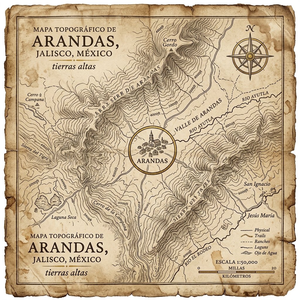 Vintage hand-drawn topographical map of the Arandas highlands, Jalisco, with a gold-circle marker at coordinates 20°40'26.81