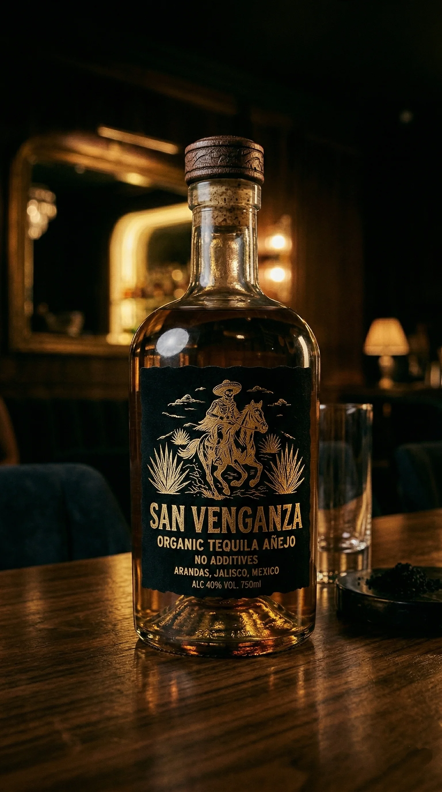 San Venganza Añejo — deep amber, fully aged organic tequila in a premium heavy glass bottle