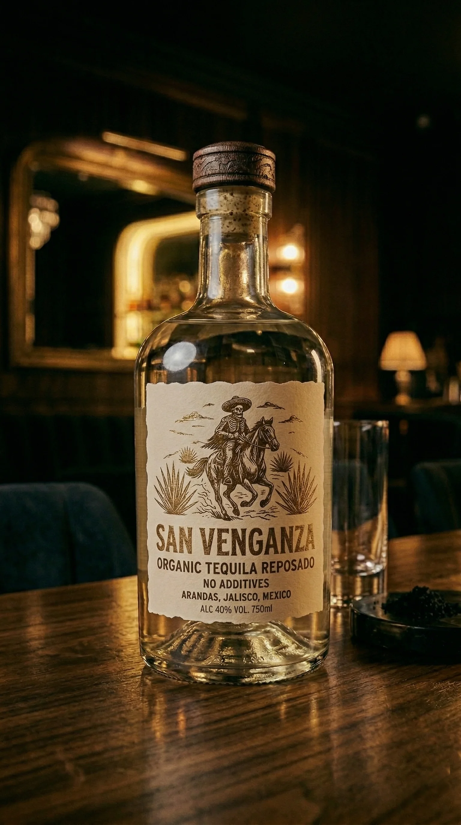 San Venganza Reposado — golden amber organic tequila rested in American oak barrels, in a heavy artisanal glass bottle